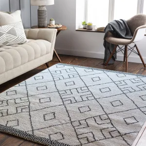 Marjan-Diamond/Rhombus Pattern Geometric Thick Soft Shaggy Rug (Cream/Grey, 120x170cm)