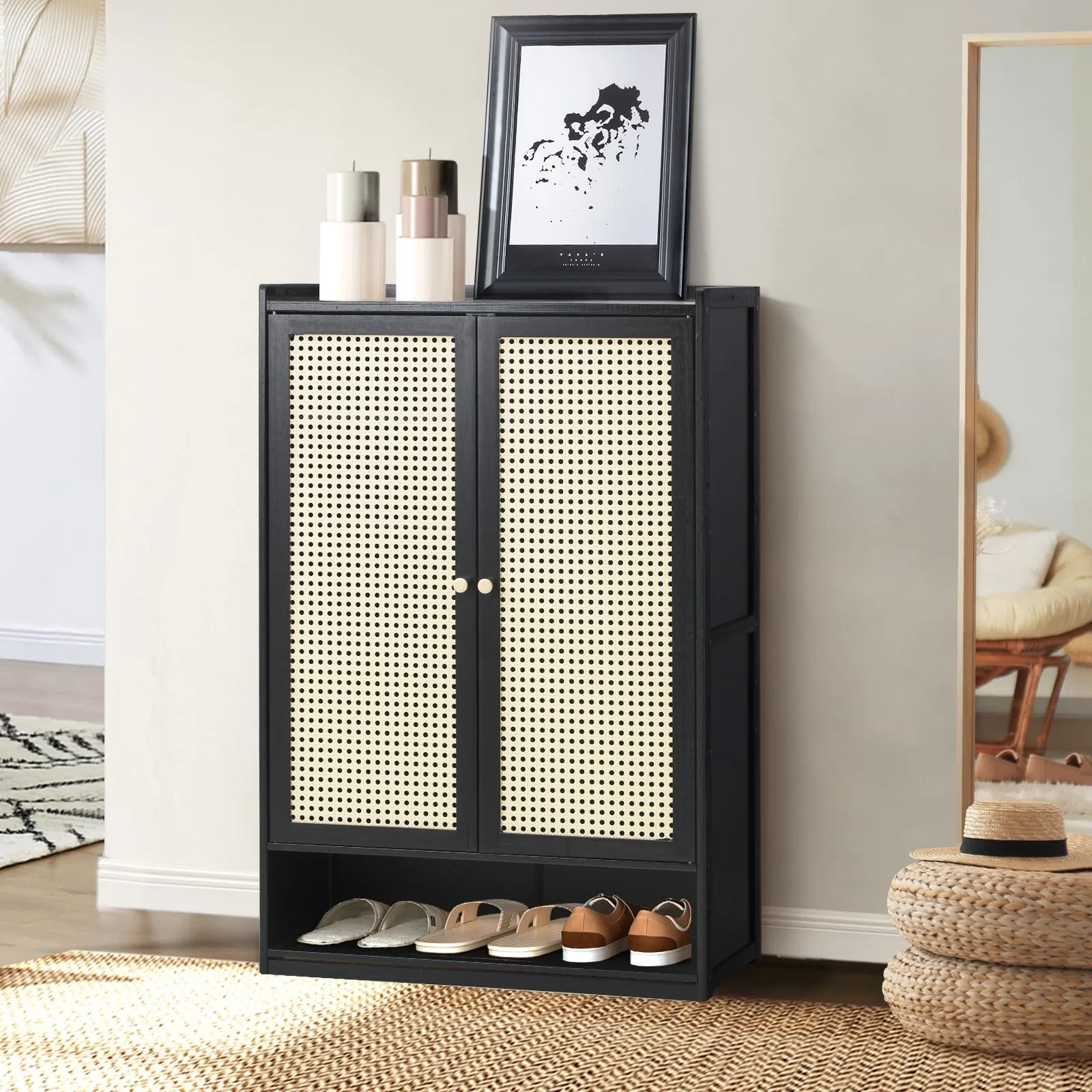 Oikiture Shoe Storage Cabinet Shoes Rack Organiser Shelf 2 Doors Rattan Black