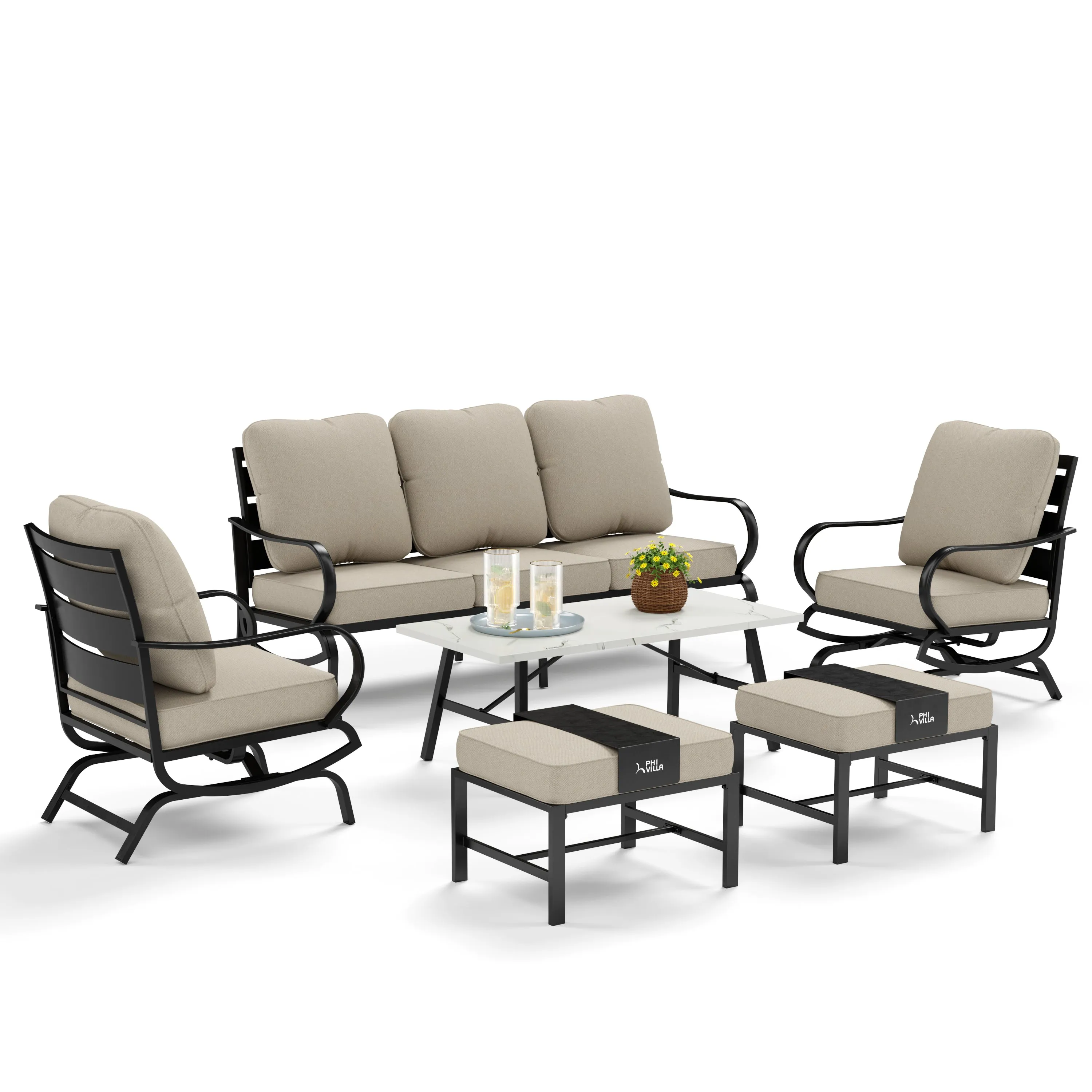 PHI VILLA 19-Piece Set with 8-Seat Extendable Dining Set and 7-Seat Steel Conversation Sofa Set and 2-Piece Adjustable Lounge Chair