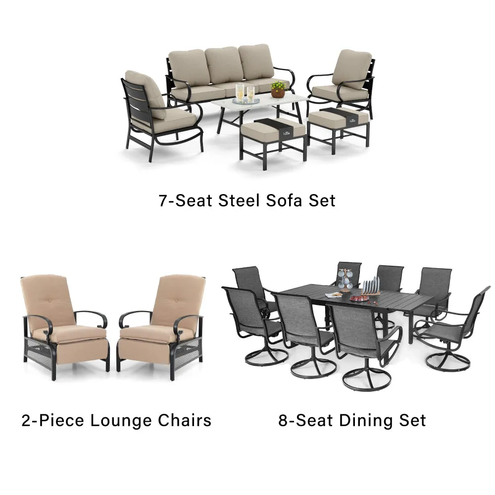 PHI VILLA 19-Piece Set with 8-Seat Extendable Dining Set and 7-Seat Steel Conversation Sofa Set and 2-Piece Adjustable Lounge Chair