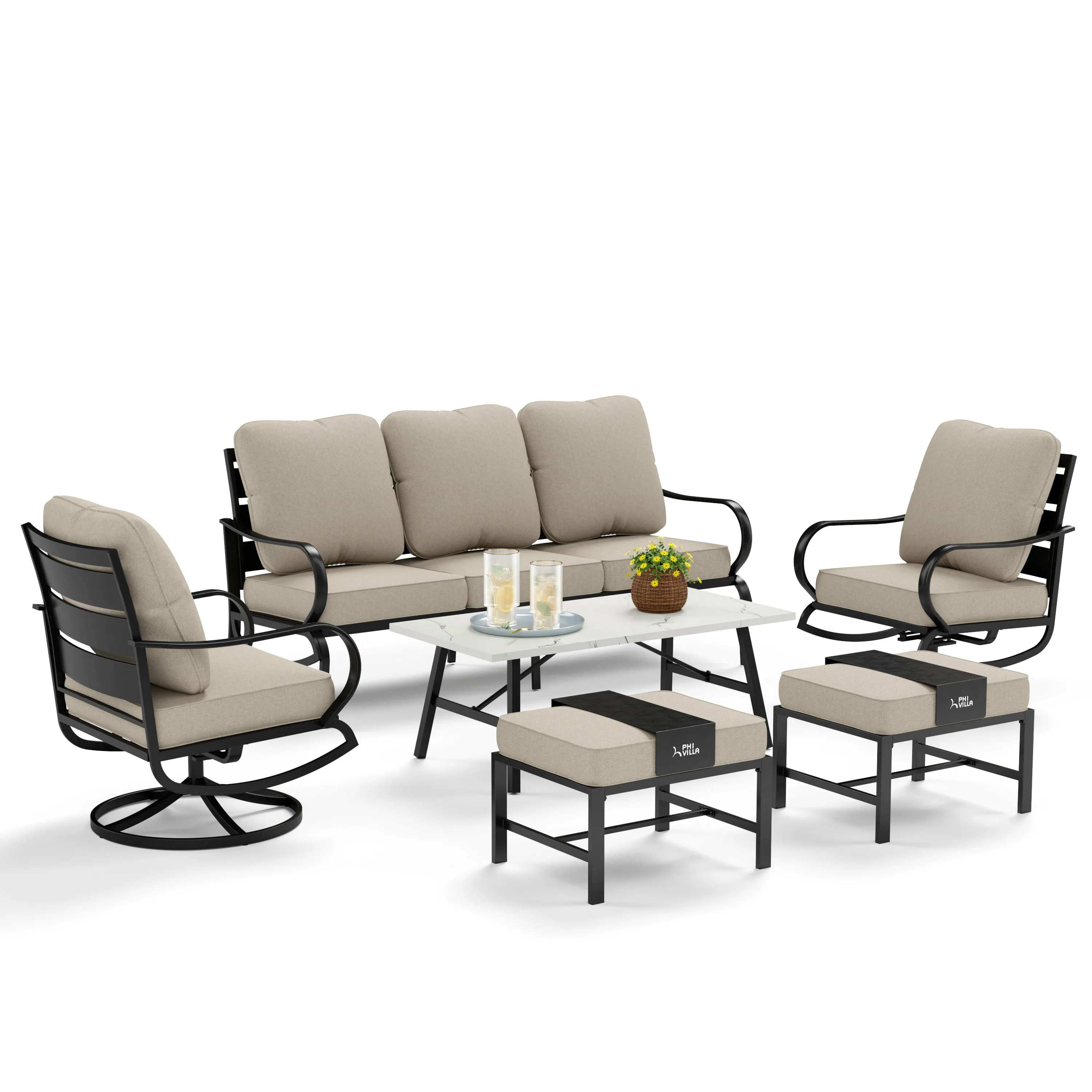 PHI VILLA 19-Piece Set with 8-Seat Extendable Dining Set and 7-Seat Steel Conversation Sofa Set and 2-Piece Adjustable Lounge Chair