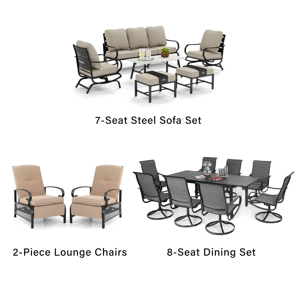 PHI VILLA 19-Piece Set with 8-Seat Extendable Dining Set and 7-Seat Steel Conversation Sofa Set and 2-Piece Adjustable Lounge Chair