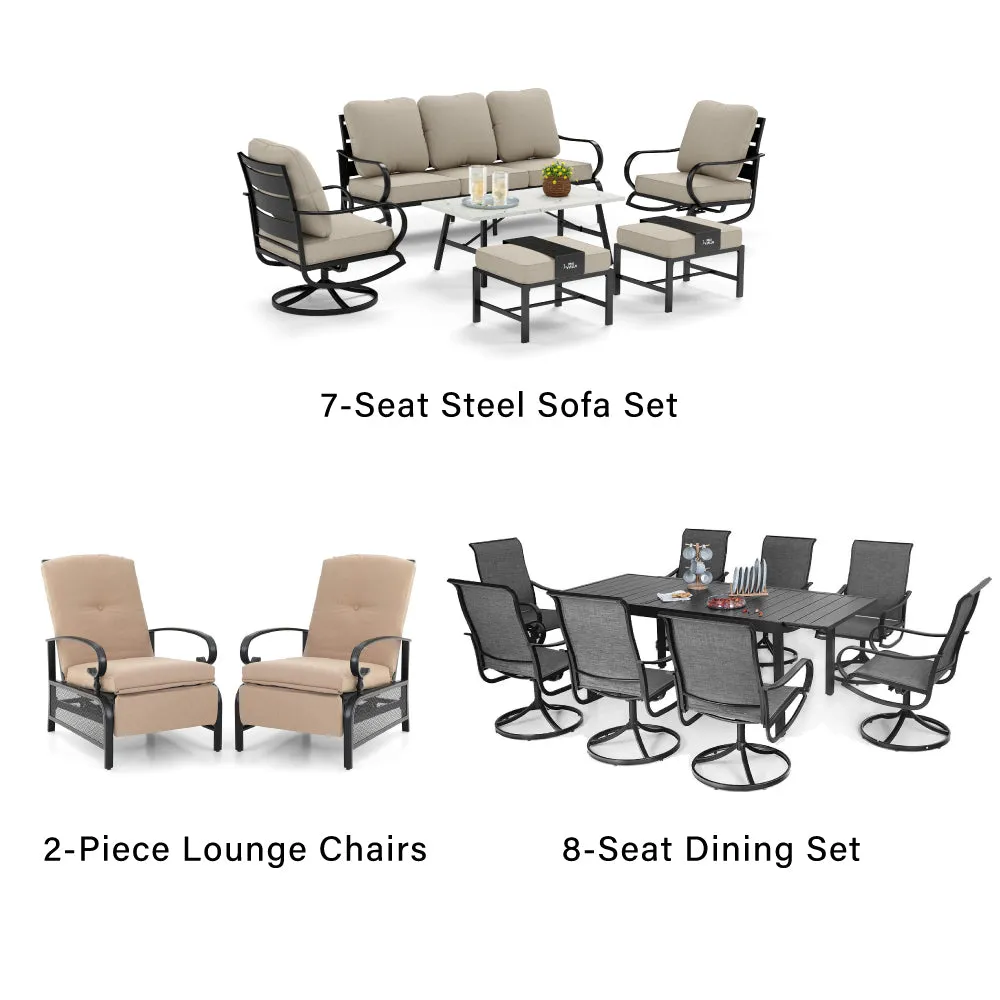 PHI VILLA 19-Piece Set with 8-Seat Extendable Dining Set and 7-Seat Steel Conversation Sofa Set and 2-Piece Adjustable Lounge Chair