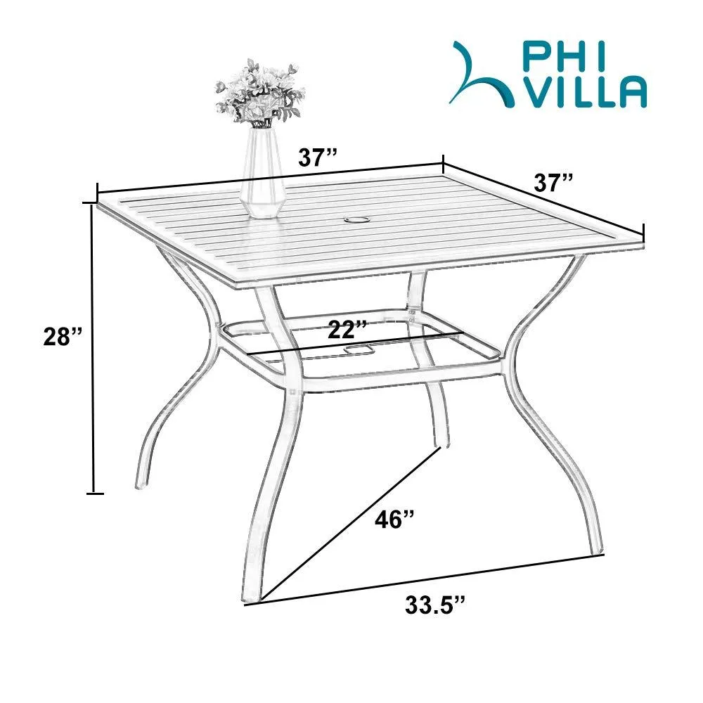 PHI VILLA 5-Piece Outdoor Dining Set with Square Steel Table & 5 Rattan Cushioned Dining Chairs