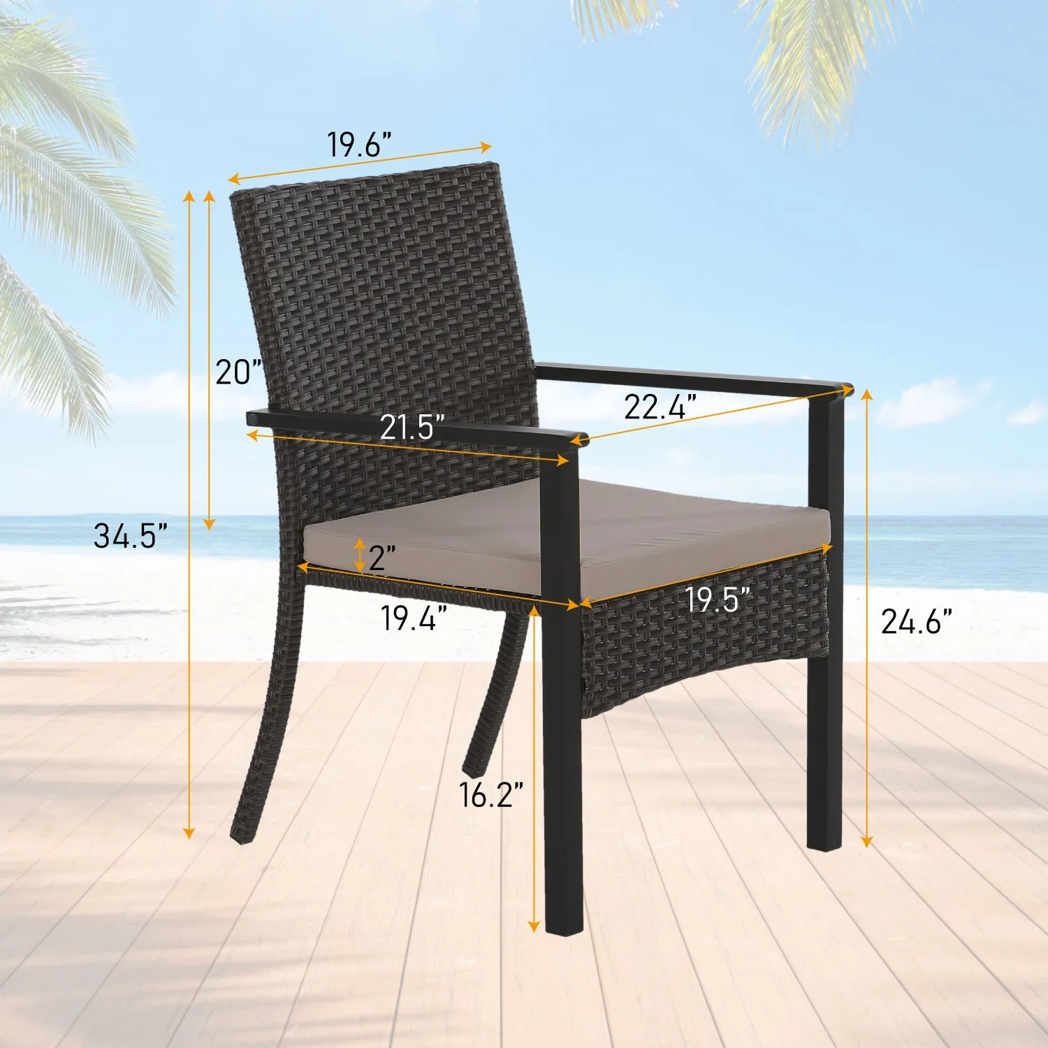 PHI VILLA 5-Piece Outdoor Dining Set with Square Steel Table & 5 Rattan Cushioned Dining Chairs