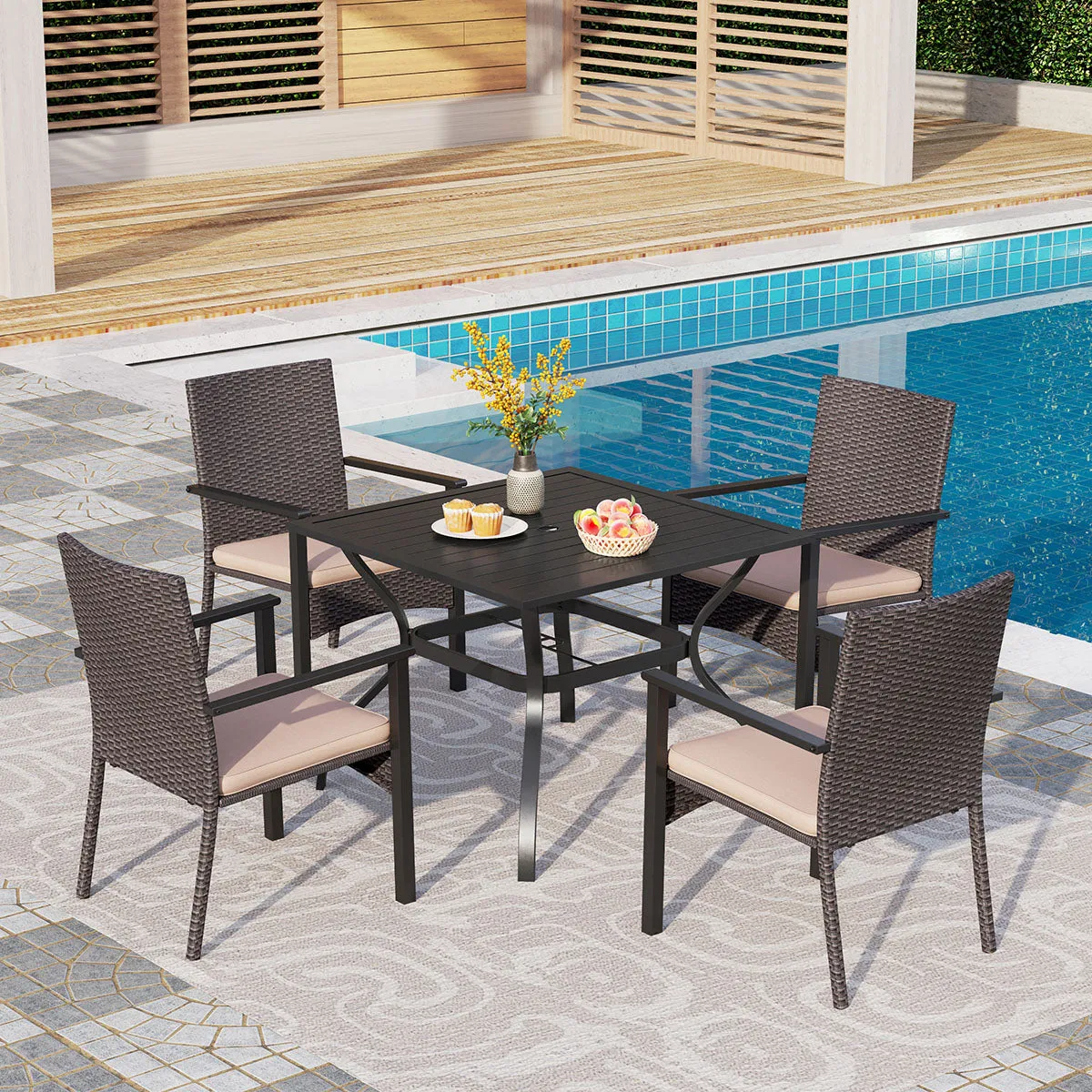 PHI VILLA 5-Piece Outdoor Dining Set with Square Steel Table & 5 Rattan Cushioned Dining Chairs