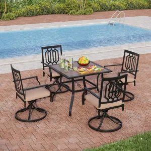 PHI VILLA 5-Piece Outdoor Patio Dining Set With Wood-look Table and 4 Pattern Swivel Chairs