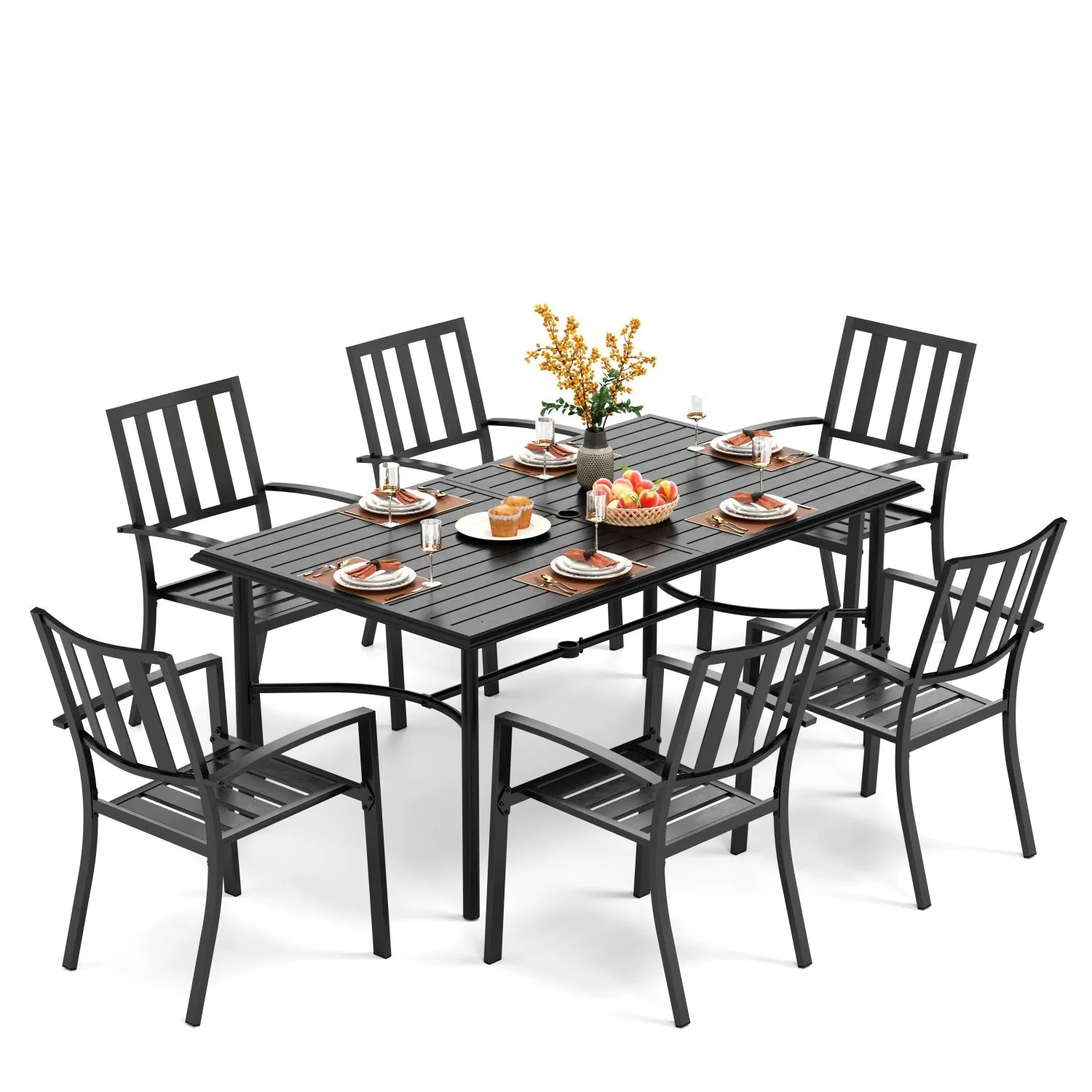 PHI VILLA 7-Pcs Patio Dining Set 6 Stackable Chairs and Enlarged Rectangle Table