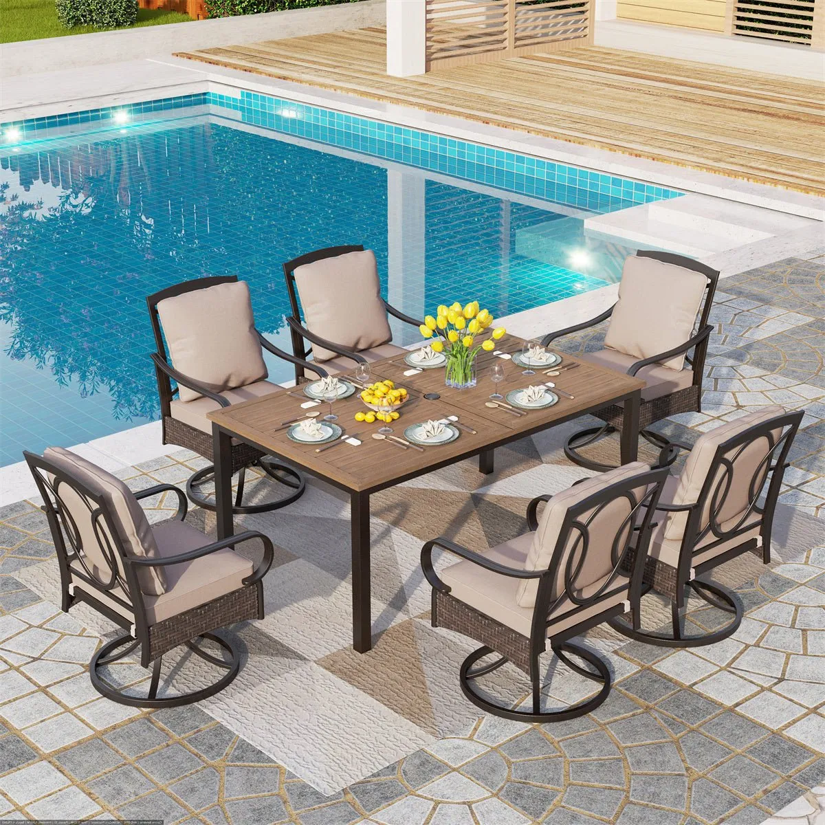 Phi Villa 7-Pcs Patio Dining Set with Cushioned Steel-rattan Chairs and Farmhouse Wood-grain Table