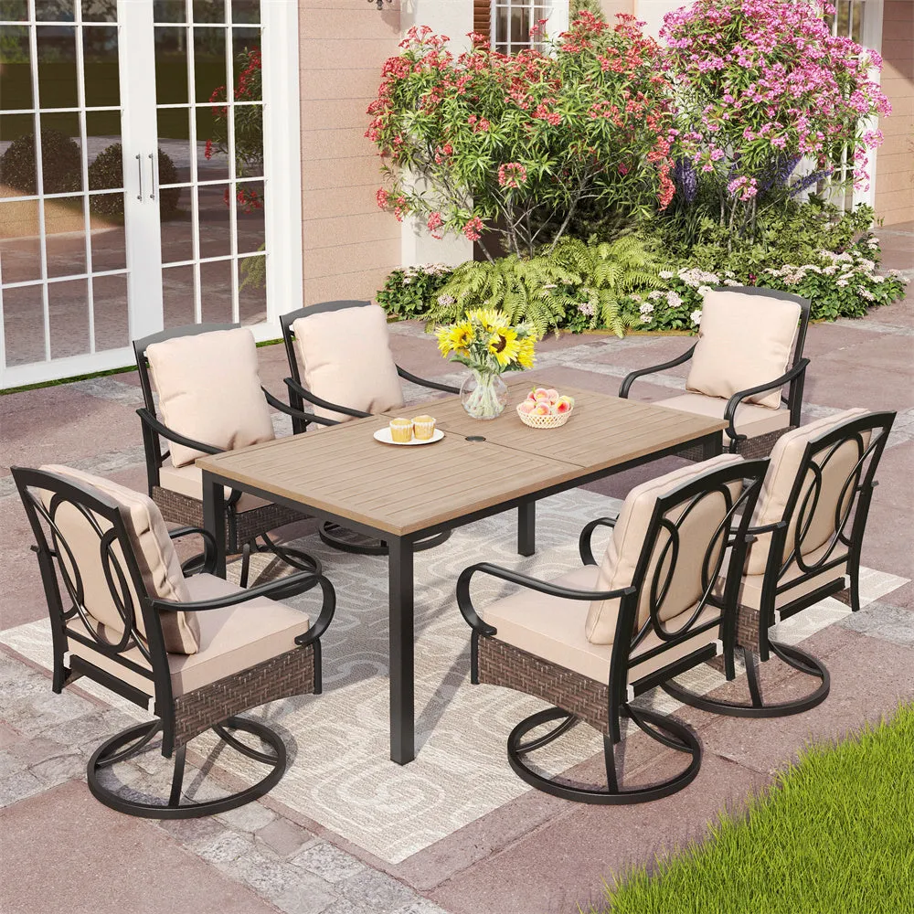 Phi Villa 7-Pcs Patio Dining Set with Cushioned Steel-rattan Chairs and Farmhouse Wood-grain Table