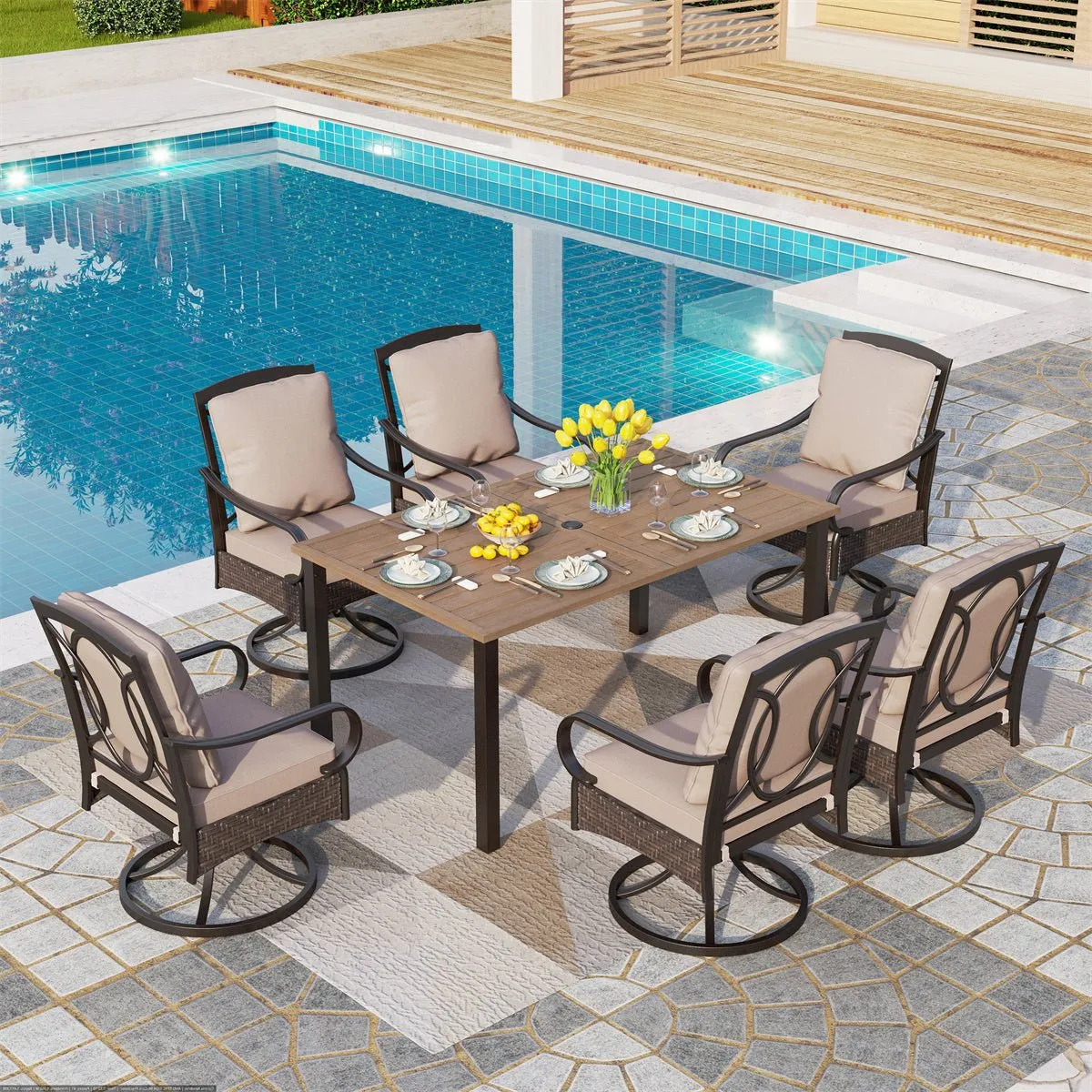 Phi Villa 7-Pcs Patio Dining Set with Cushioned Steel-rattan Chairs and Farmhouse Wood-grain Table