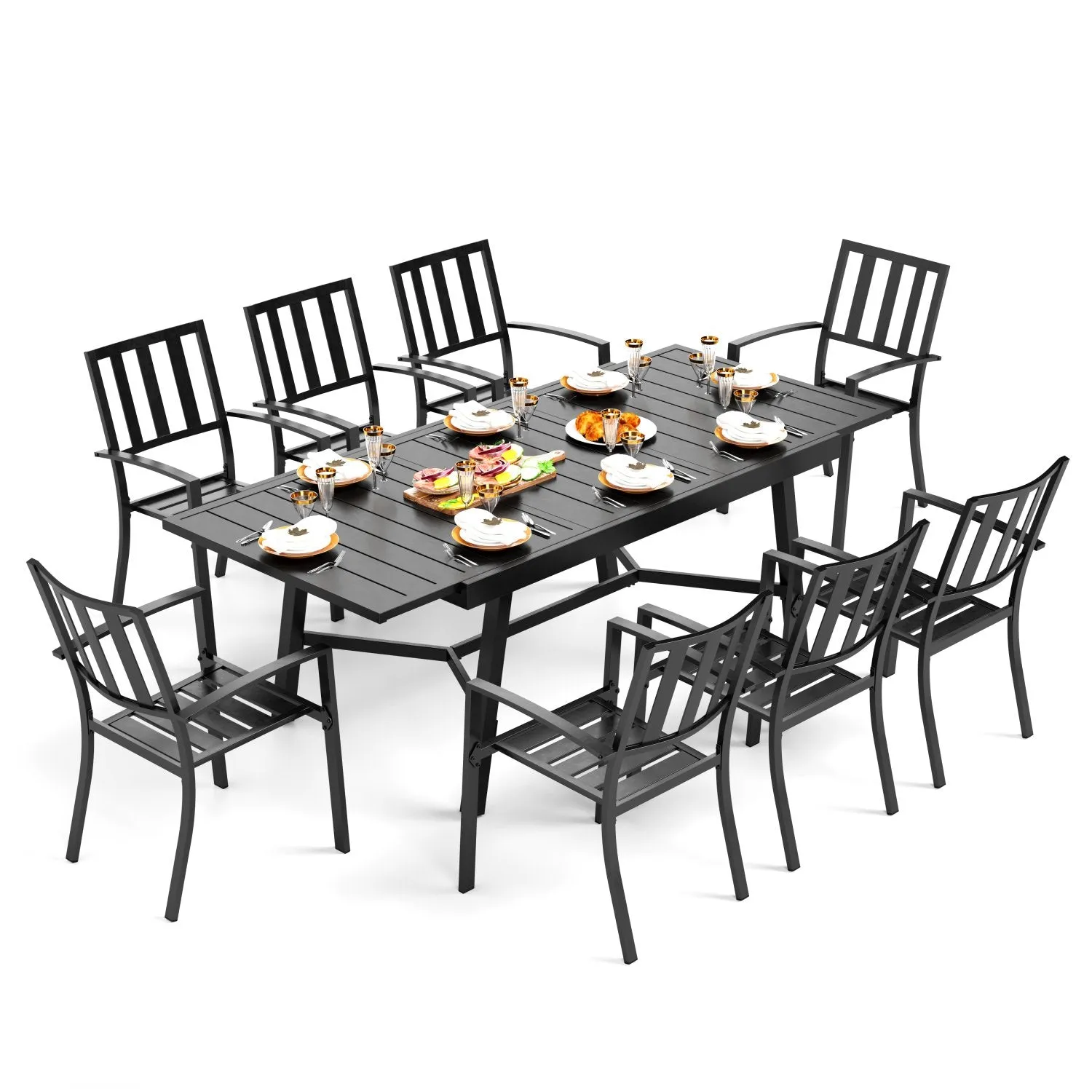 PHI VILLA 7-piece / 9-piece Patio Dining Sets Extendable Steel Table and Stackable Chairs