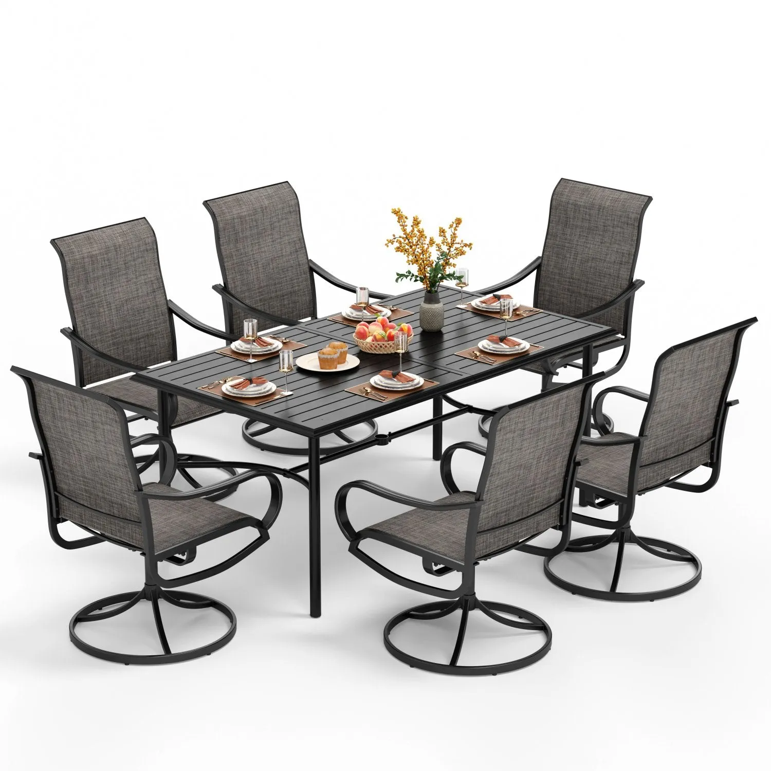 PHI VILLA 7-Piece Patio Dining Set Textilene Swivel Chairs & Steel Rectangle Table