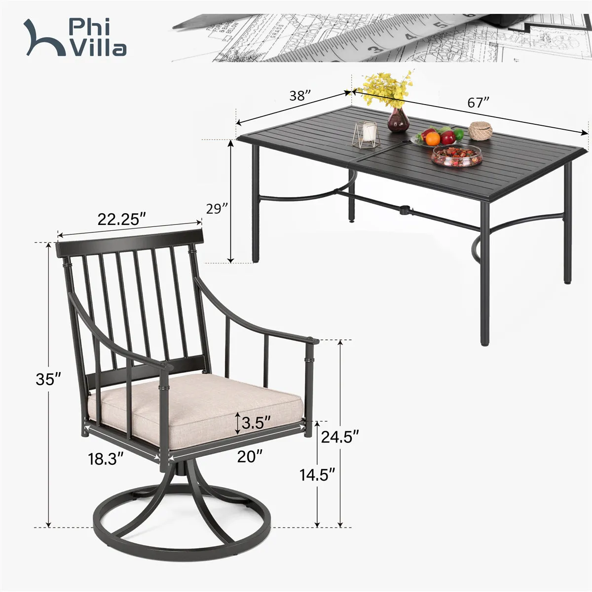 PHI VILLA 7-Piece Patio Dining Set with Farmhouse Style Swivel Chairs