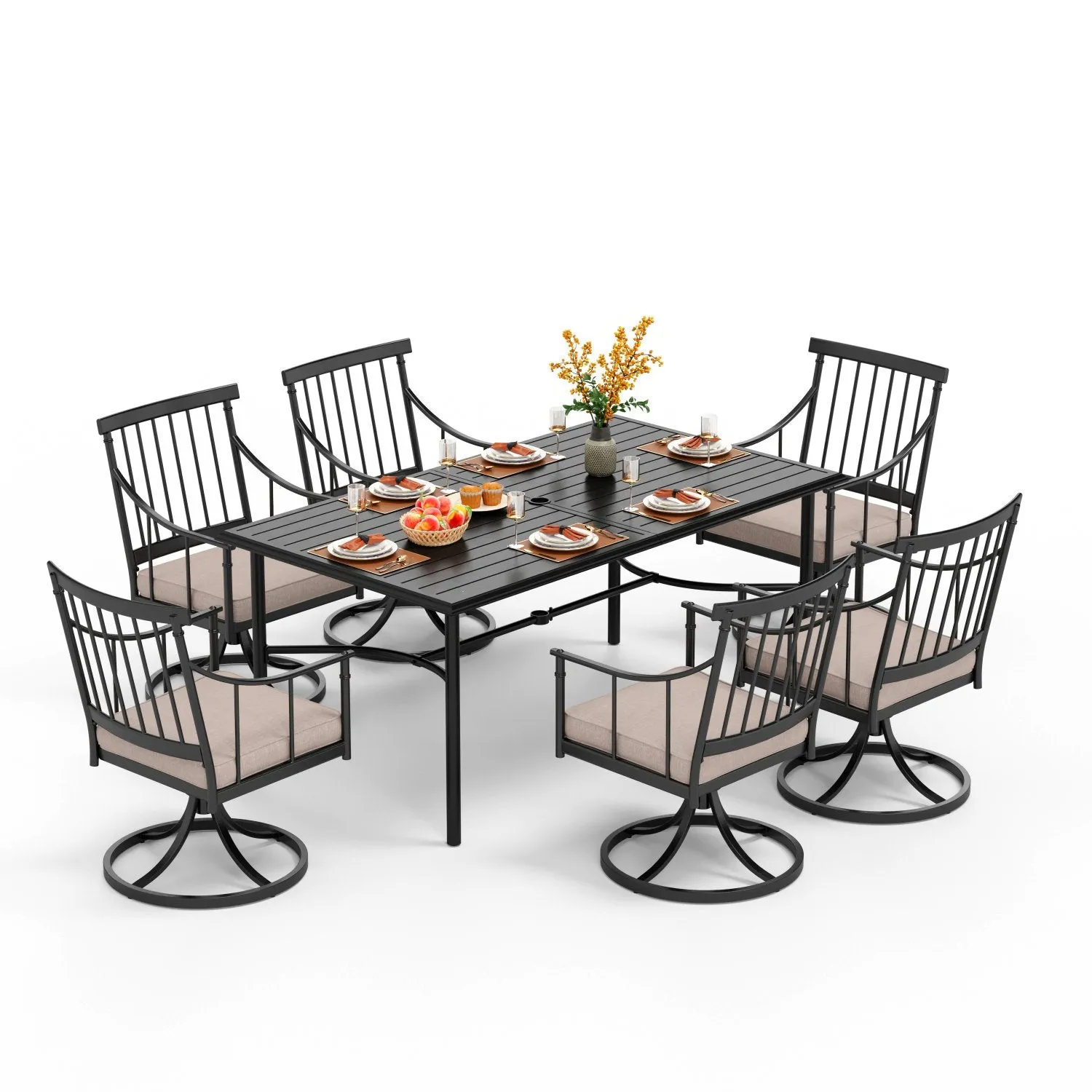 PHI VILLA 7-Piece Patio Dining Set with Farmhouse Style Swivel Chairs