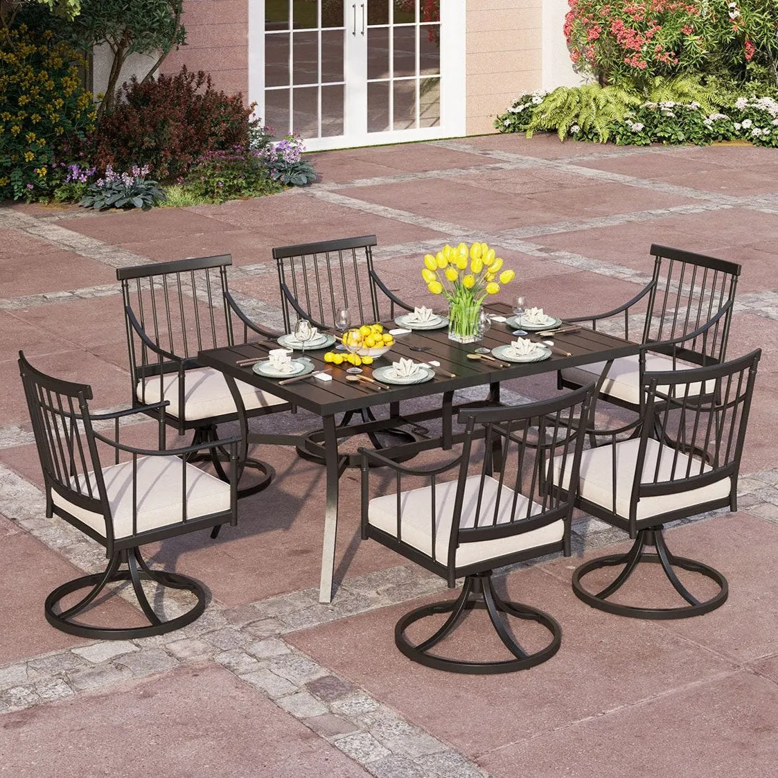 PHI VILLA 7-Piece Patio Dining Set with Farmhouse Style Swivel Chairs