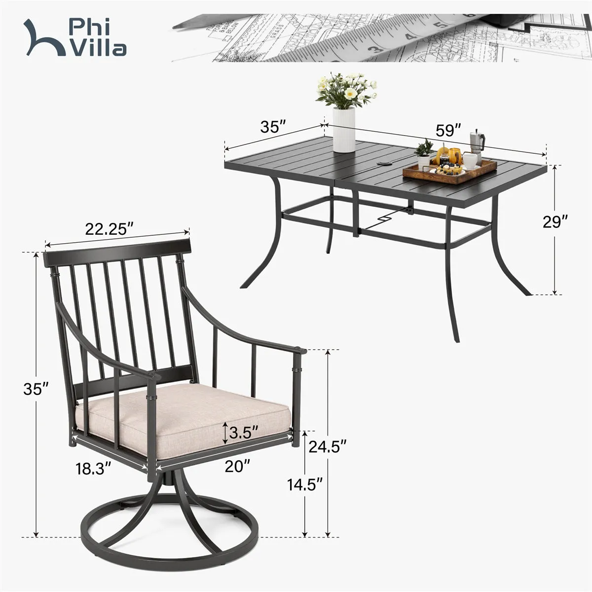 PHI VILLA 7-Piece Patio Dining Set with Farmhouse Style Swivel Chairs