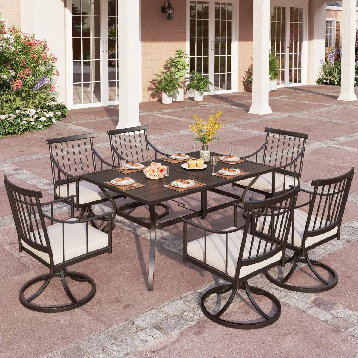 PHI VILLA 7-Piece Patio Dining Set with Farmhouse Style Swivel Chairs