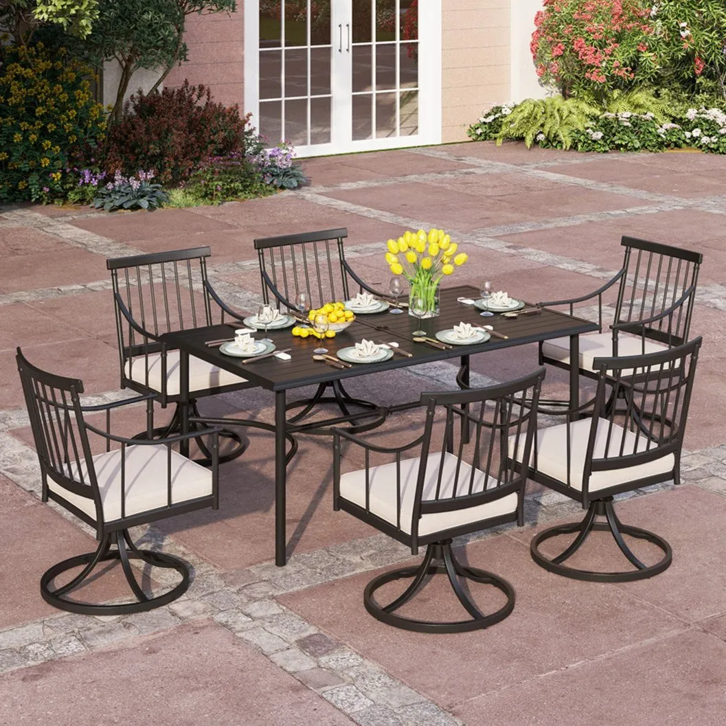 PHI VILLA 7-Piece Patio Dining Set with Farmhouse Style Swivel Chairs