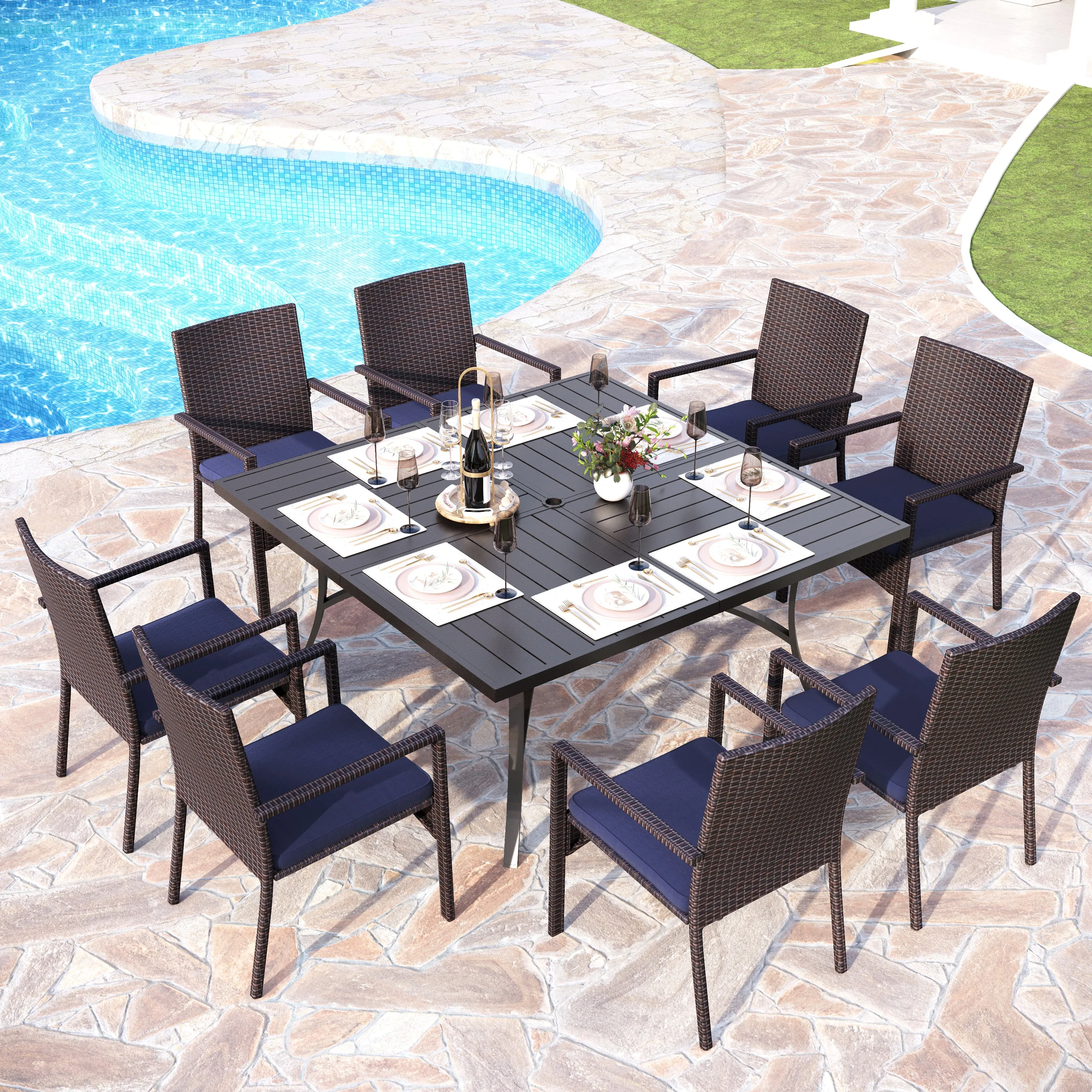 PHI VILLA 9 PCS Patio Dining Set with Large Square Table & 8 Rattan Chairs