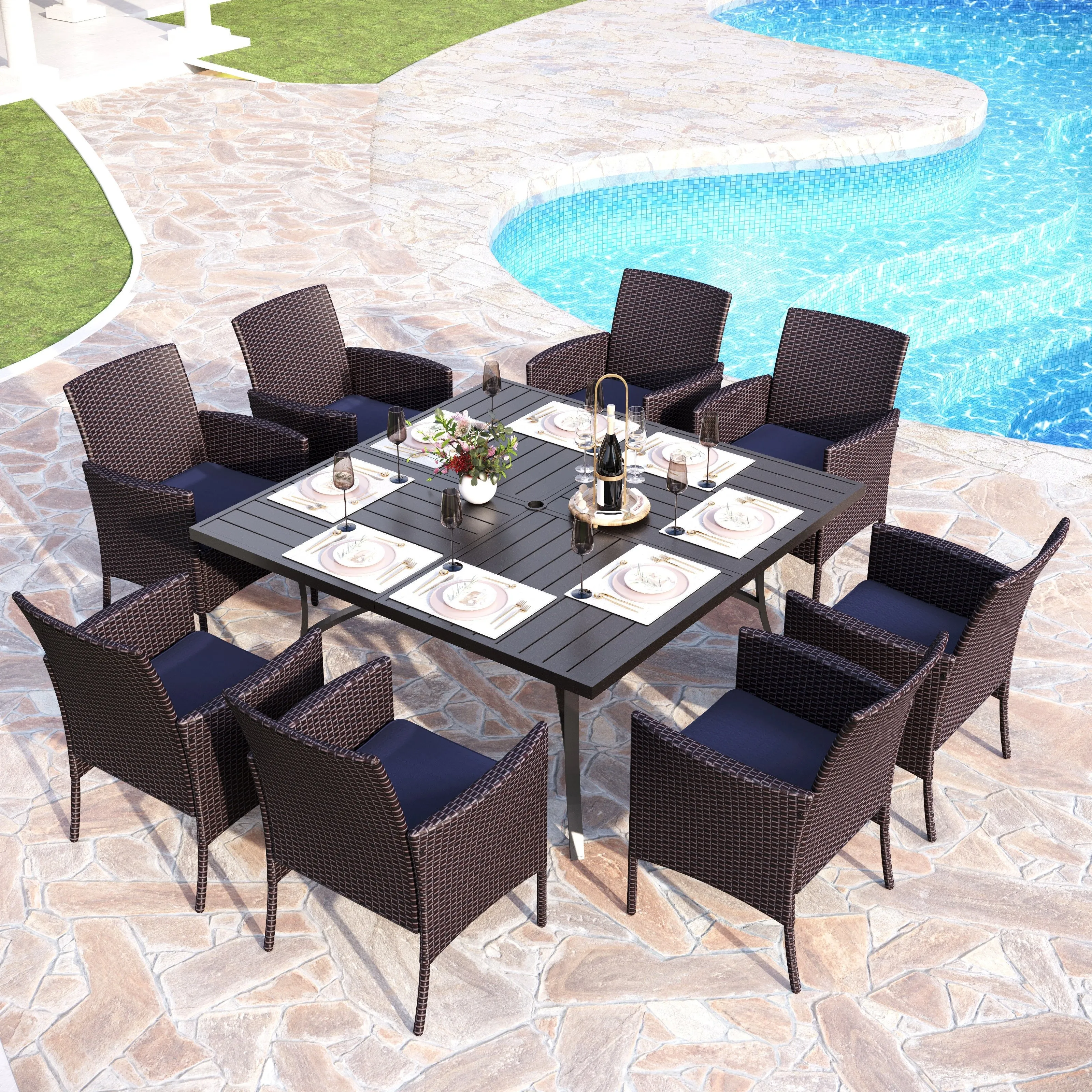 PHI VILLA 9 PCS Patio Dining Set with Large Square Table & 8 Rattan Chairs