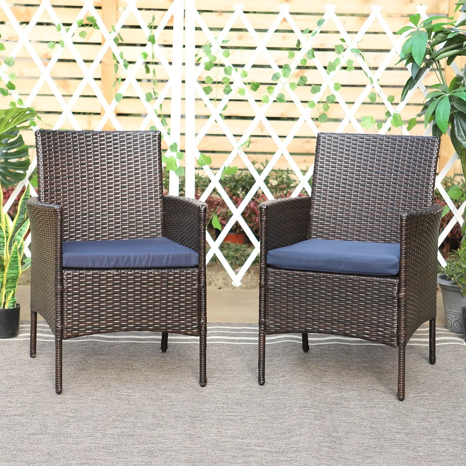 PHI VILLA Rattan Steel Cushioned Patio Outdoor Chairs, Set of 2