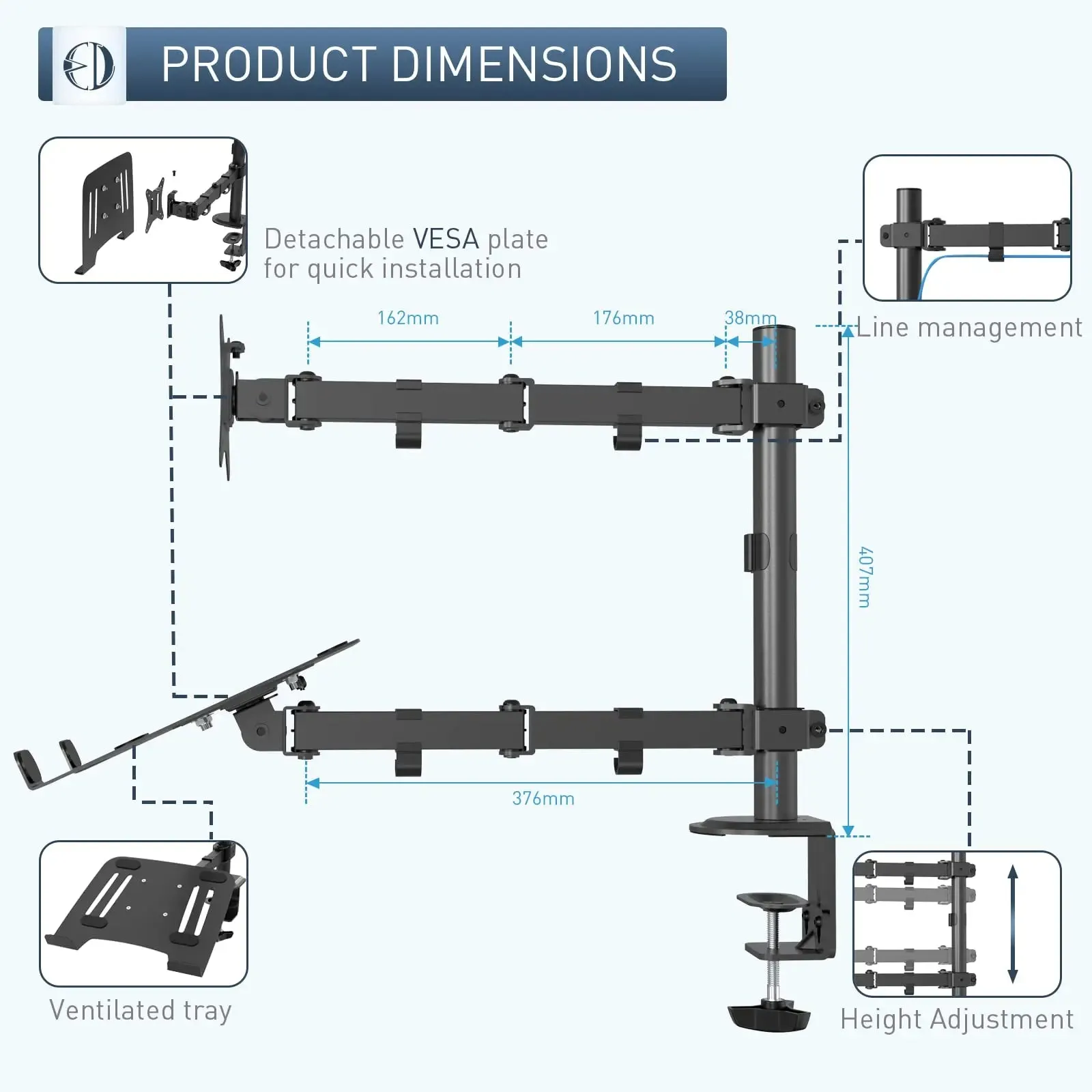 PUTORSEN Double Monitor Arm for 13- to 27-inch PC Screens