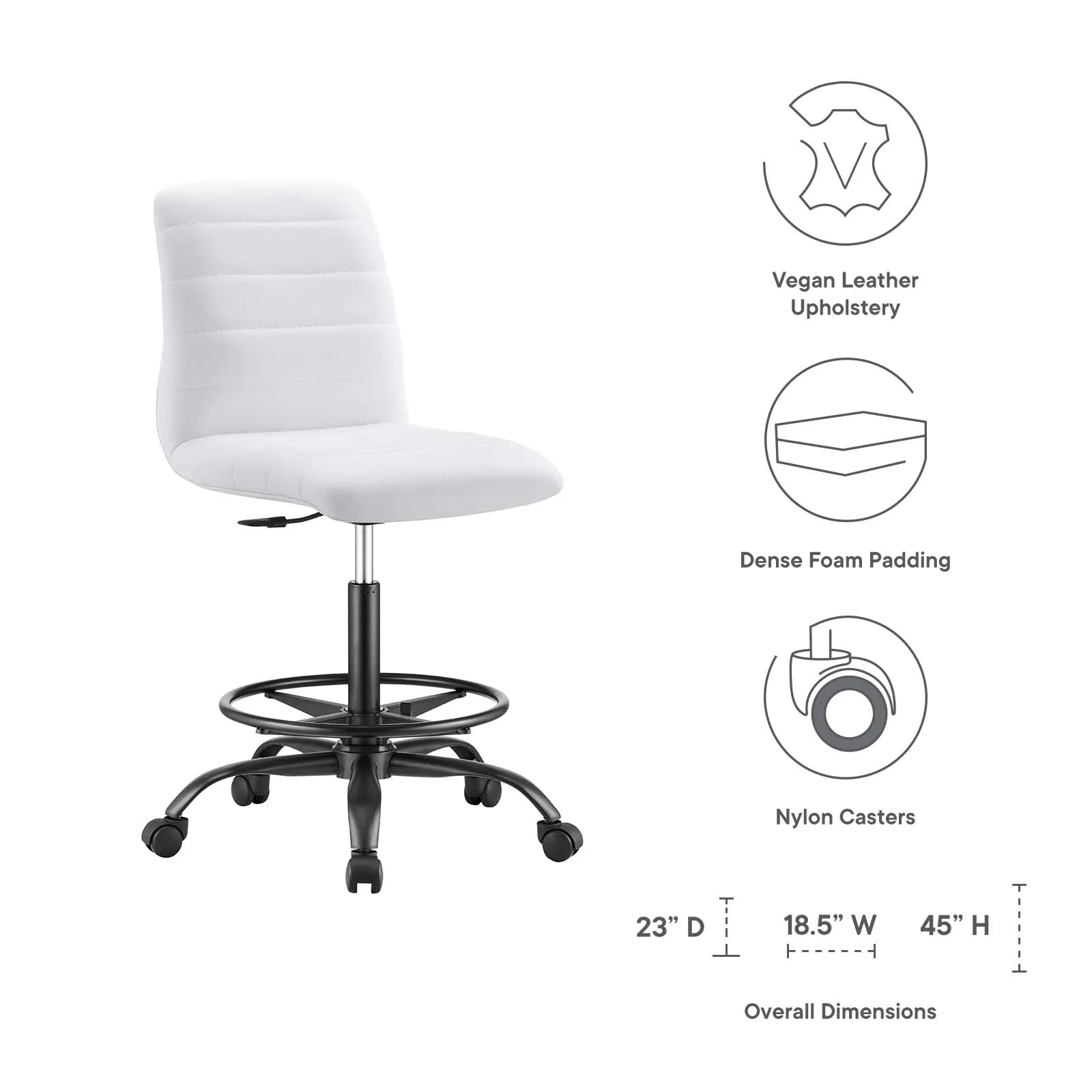 Ripple Armless Vegan Leather Drafting Chair Black White EEI-4978-BLK-WHI