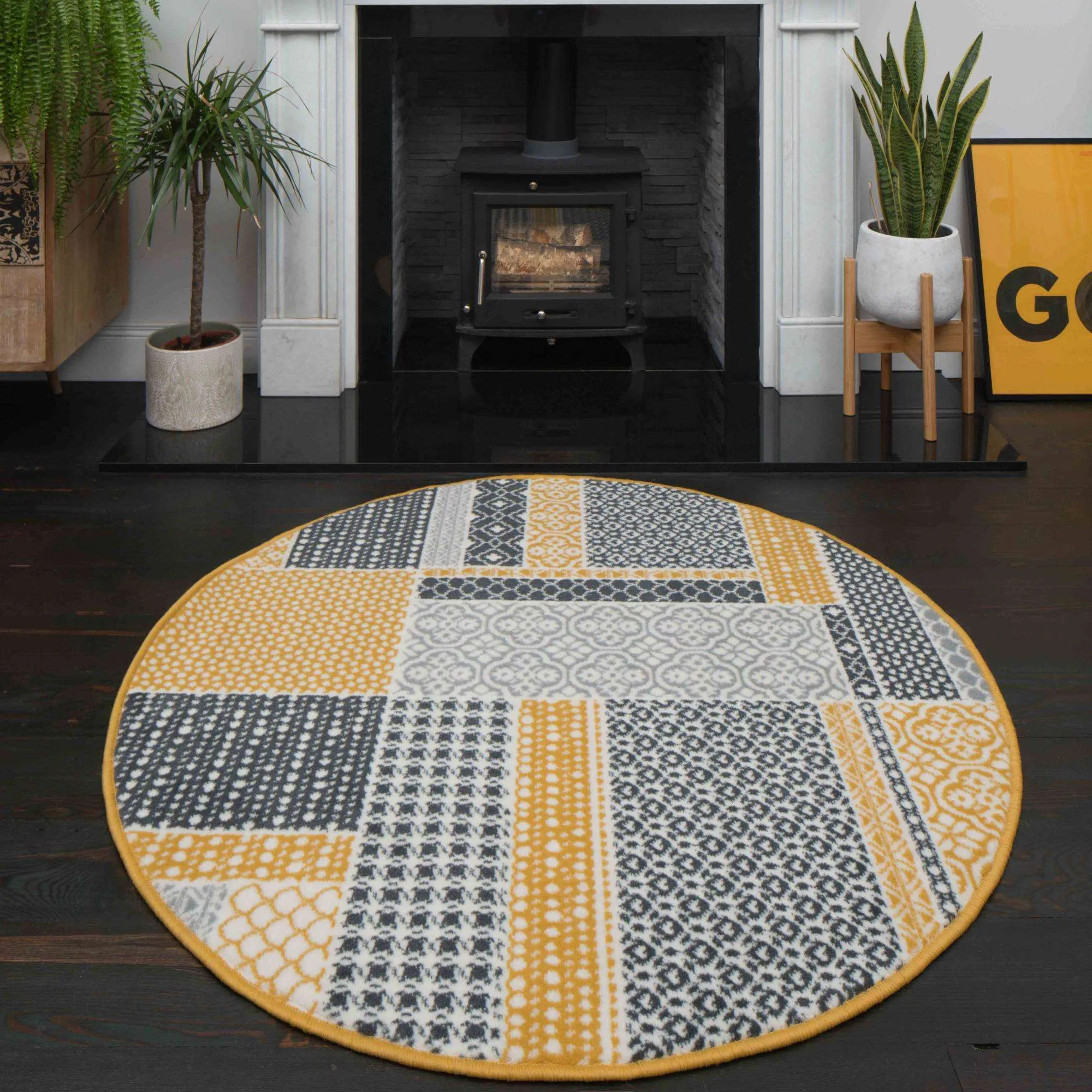 Round Circle Ochre Patchwork Rug