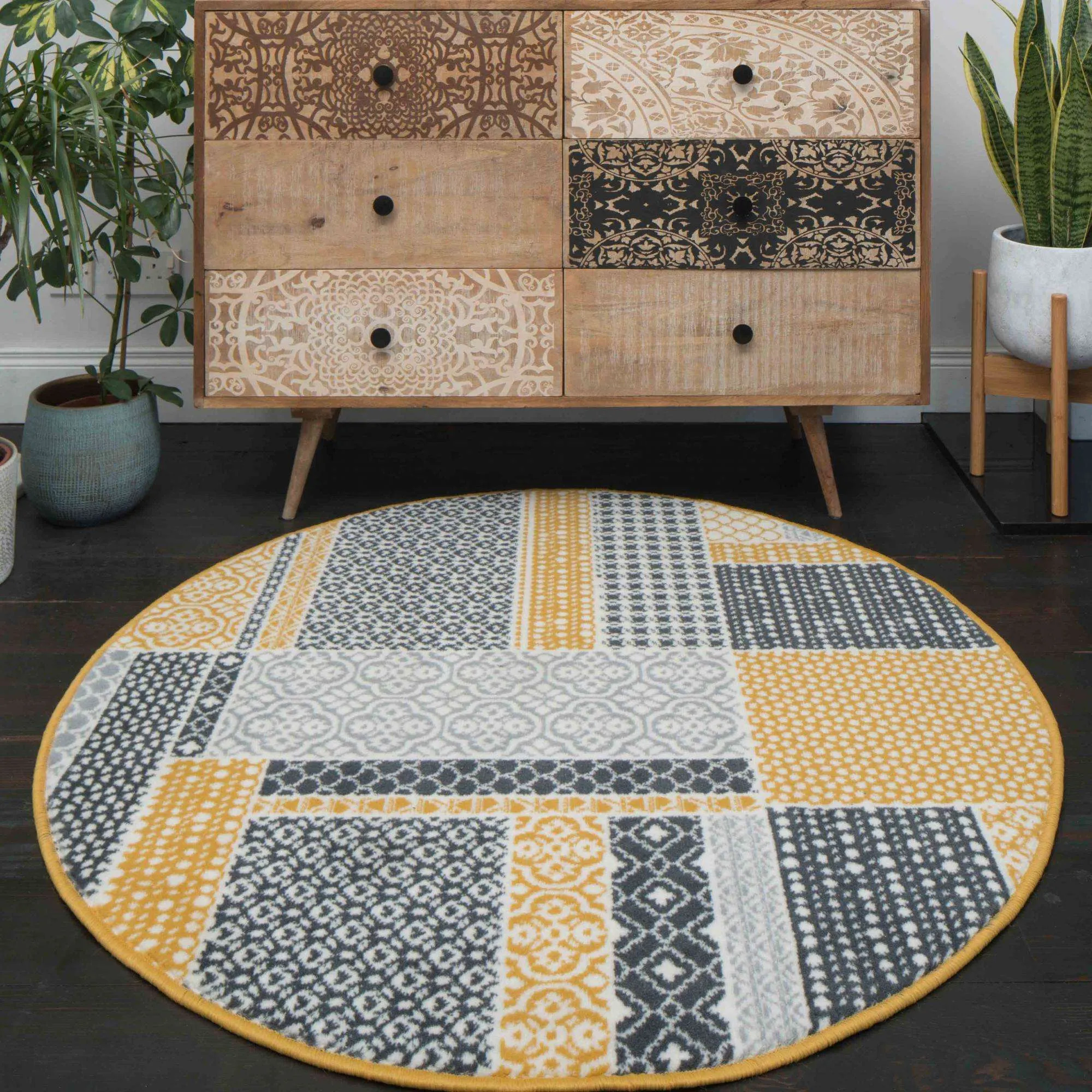 Round Circle Ochre Patchwork Rug