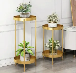 SenceWin Decorative Planter Pot Plant Flower Stand Set of 2 Metal Flower Stand 2 Tier Indoor Shelf Holder- Golden