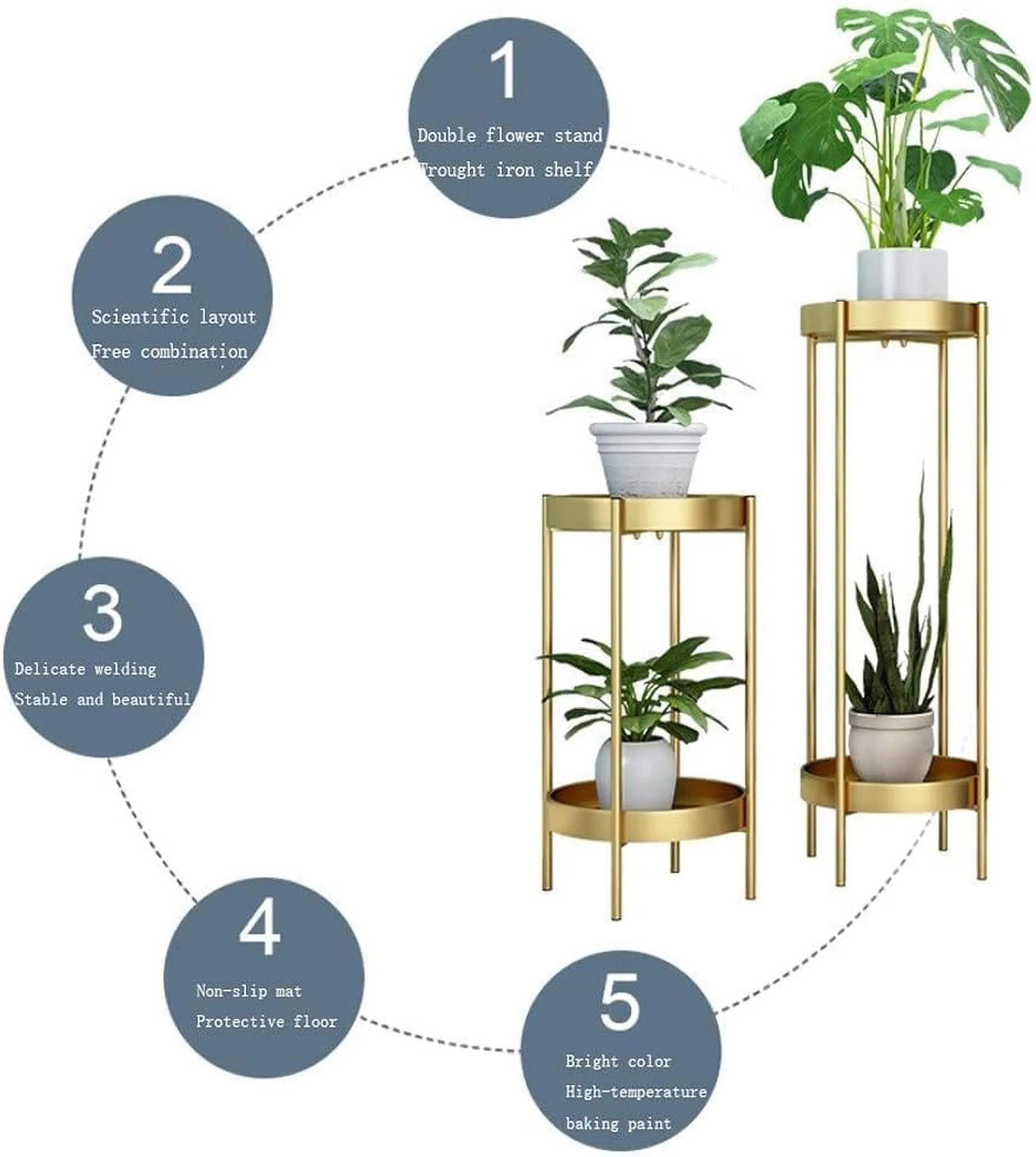 SenceWin Decorative Planter Pot Plant Flower Stand Set of 2 Metal Flower Stand 2 Tier Indoor Shelf Holder- Golden