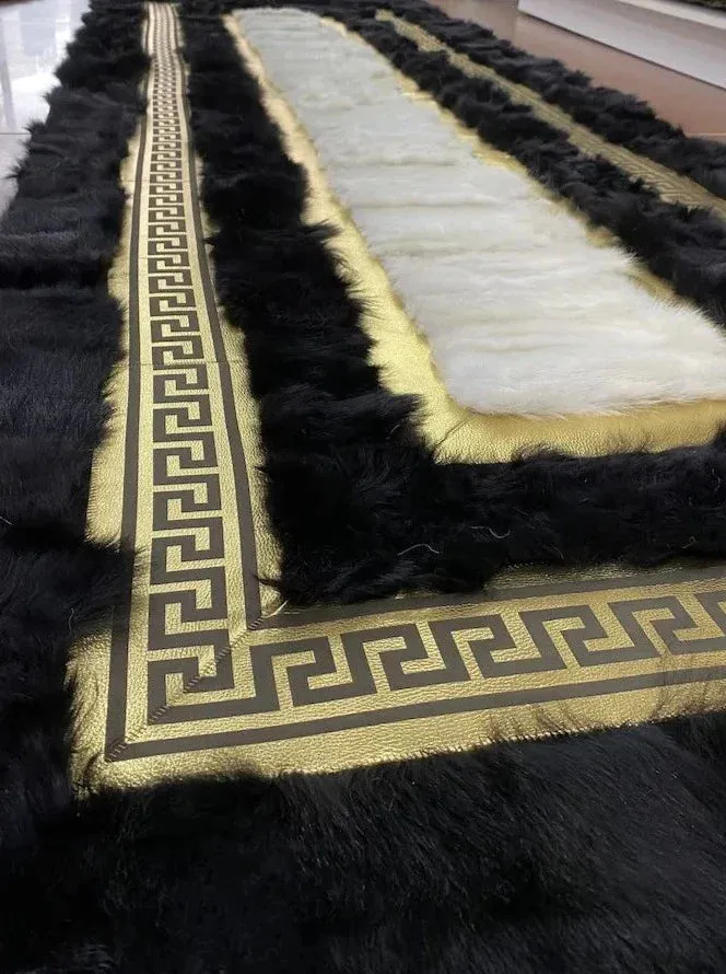 Soft and Shaggy Tricolor Natural Sheepskin Runner Rug, Handmade Luxury Sheepskin Carpet