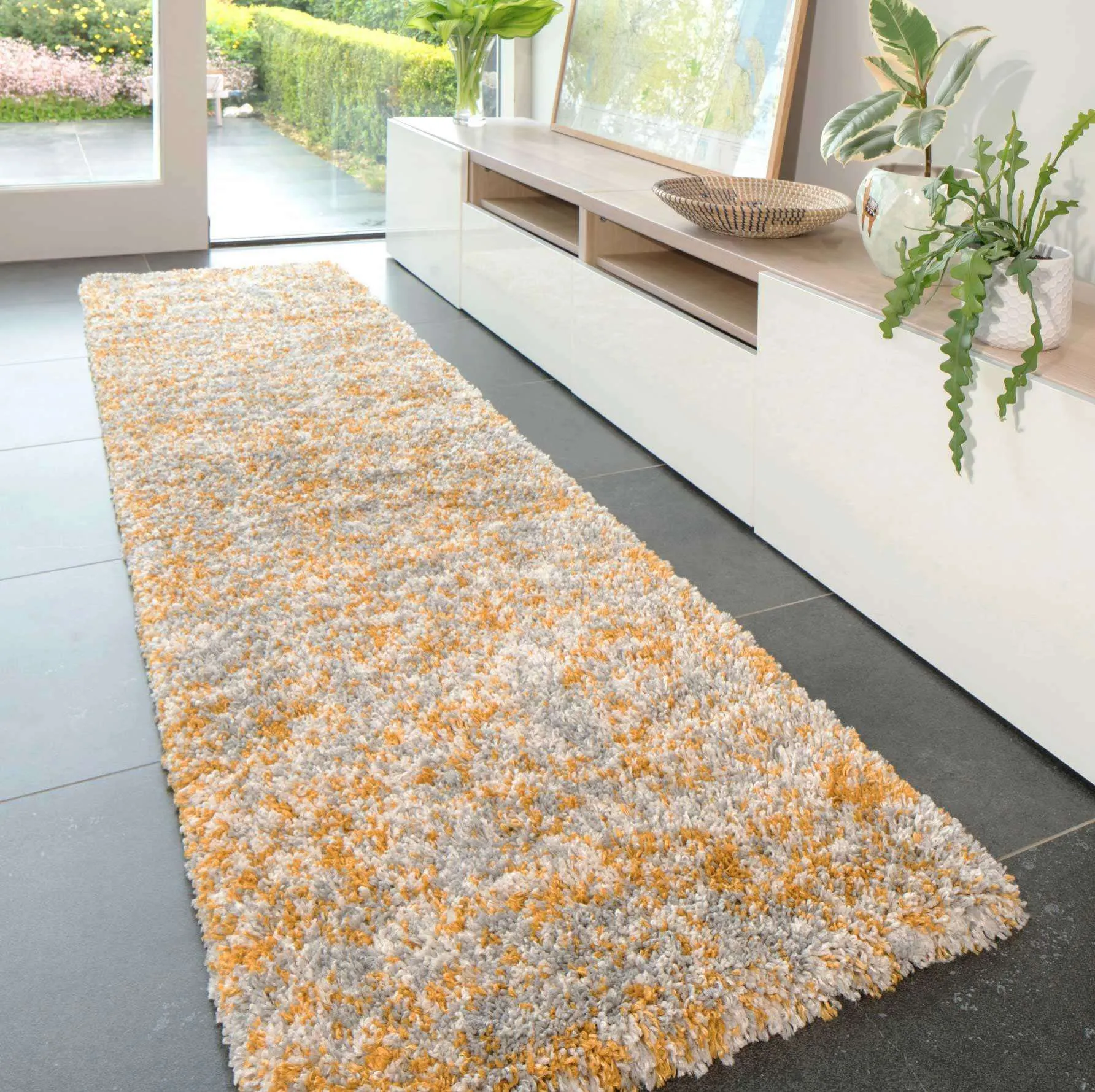 Soft Mottled Gold Grey Shaggy Runner Rug