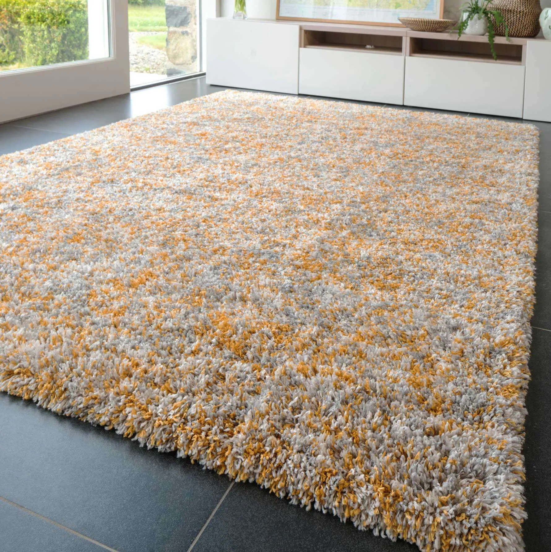 Soft Mottled Gold Grey Shaggy Runner Rug