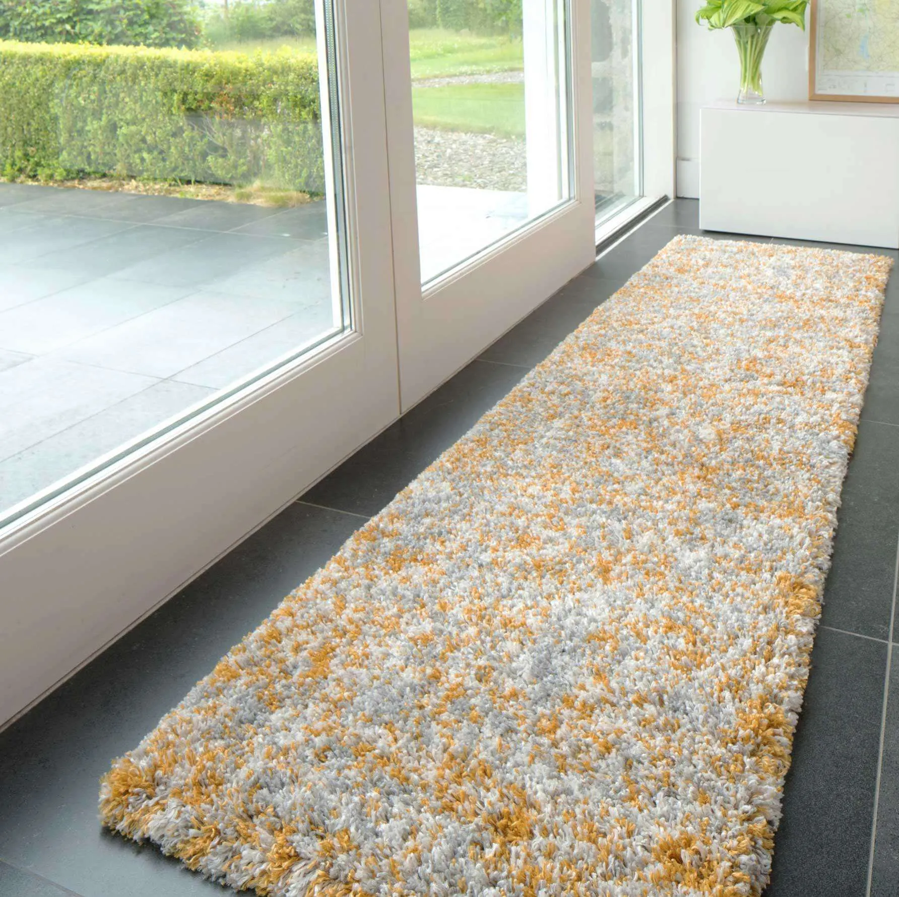 Soft Mottled Gold Grey Shaggy Runner Rug