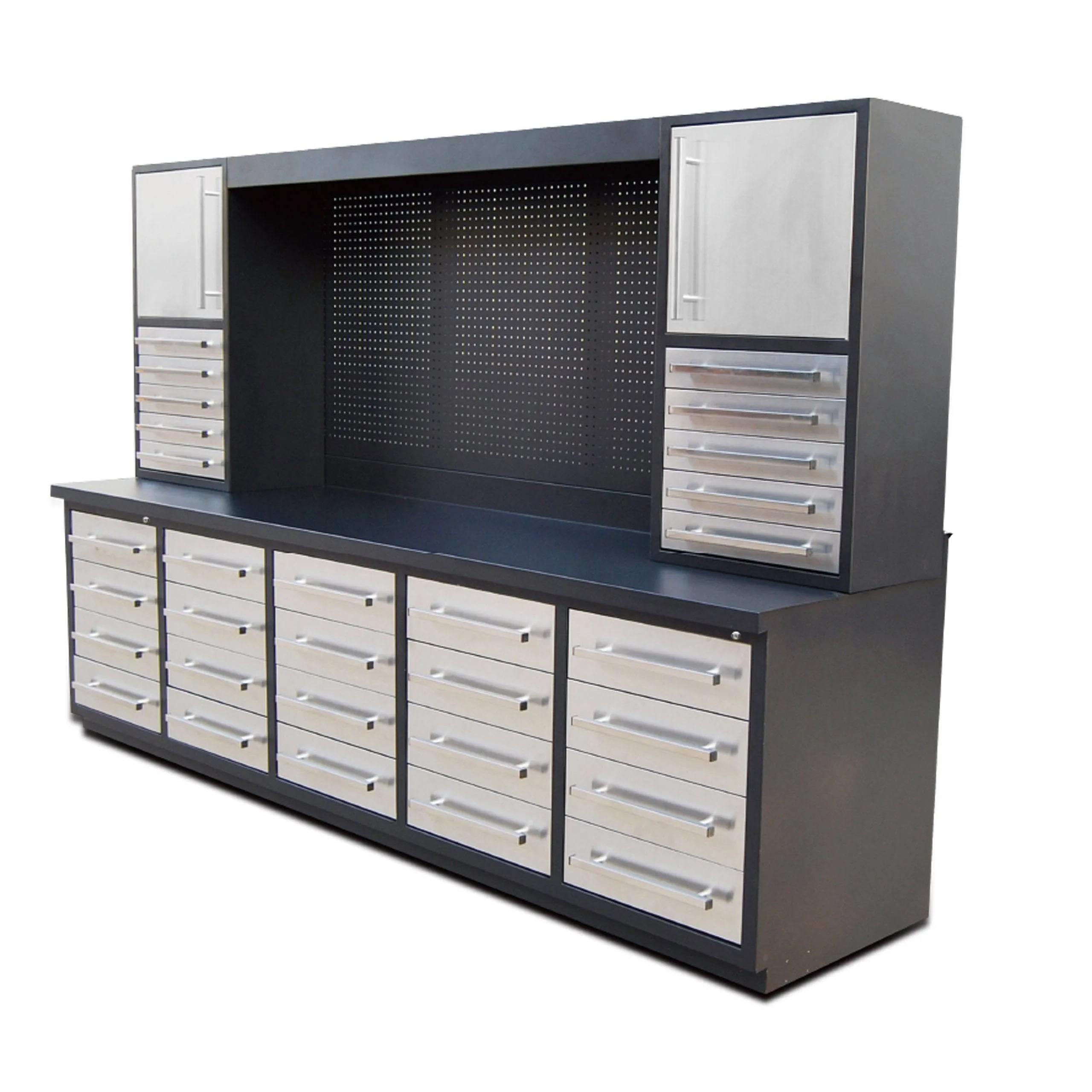 TMG-WBC20D 10' 20-Drawer Workbench Cabinet Combo with Stainless Steel Drawer Panels