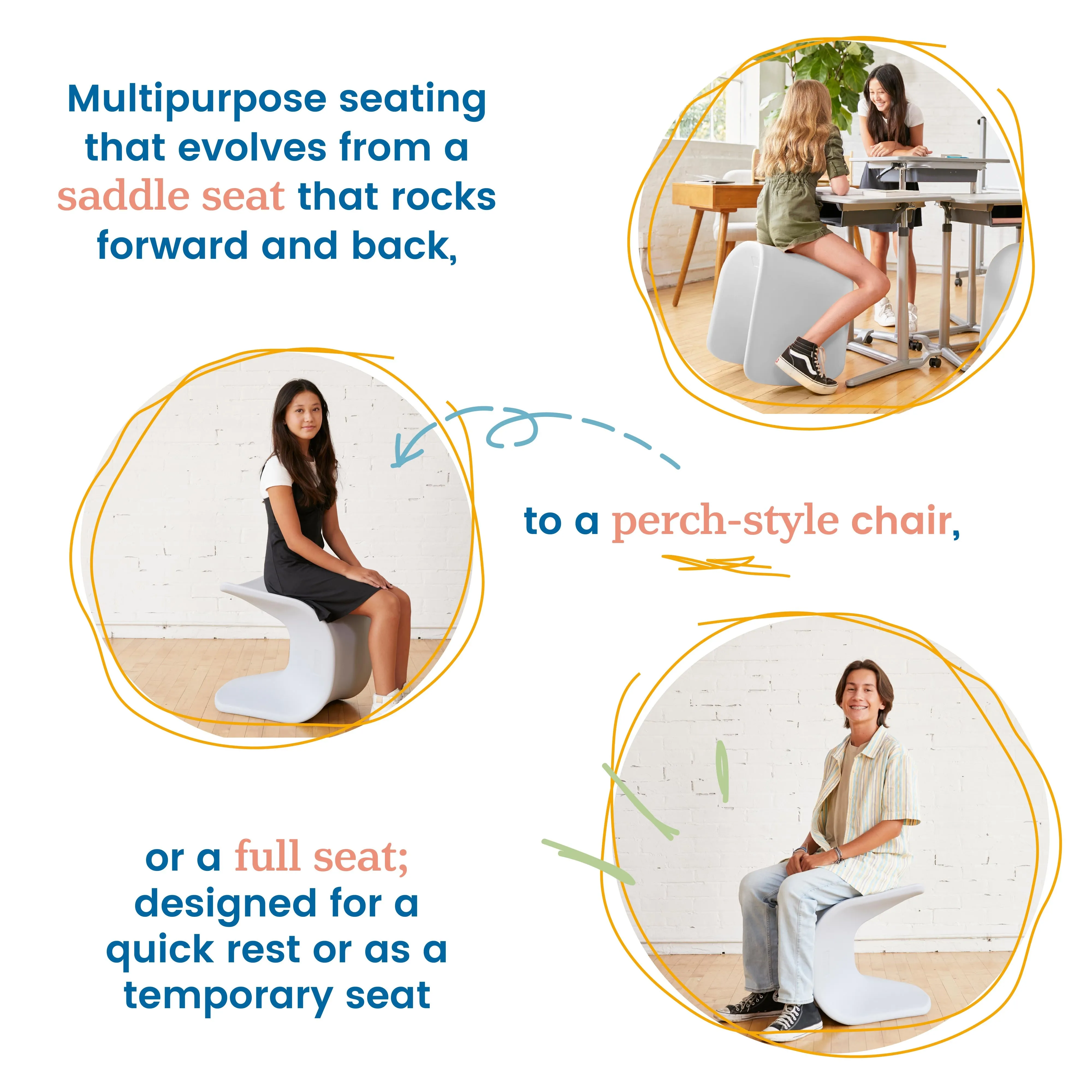 Wave Seat, 18in - 19.6in Seat Height, Perch Stool, 2-Pack