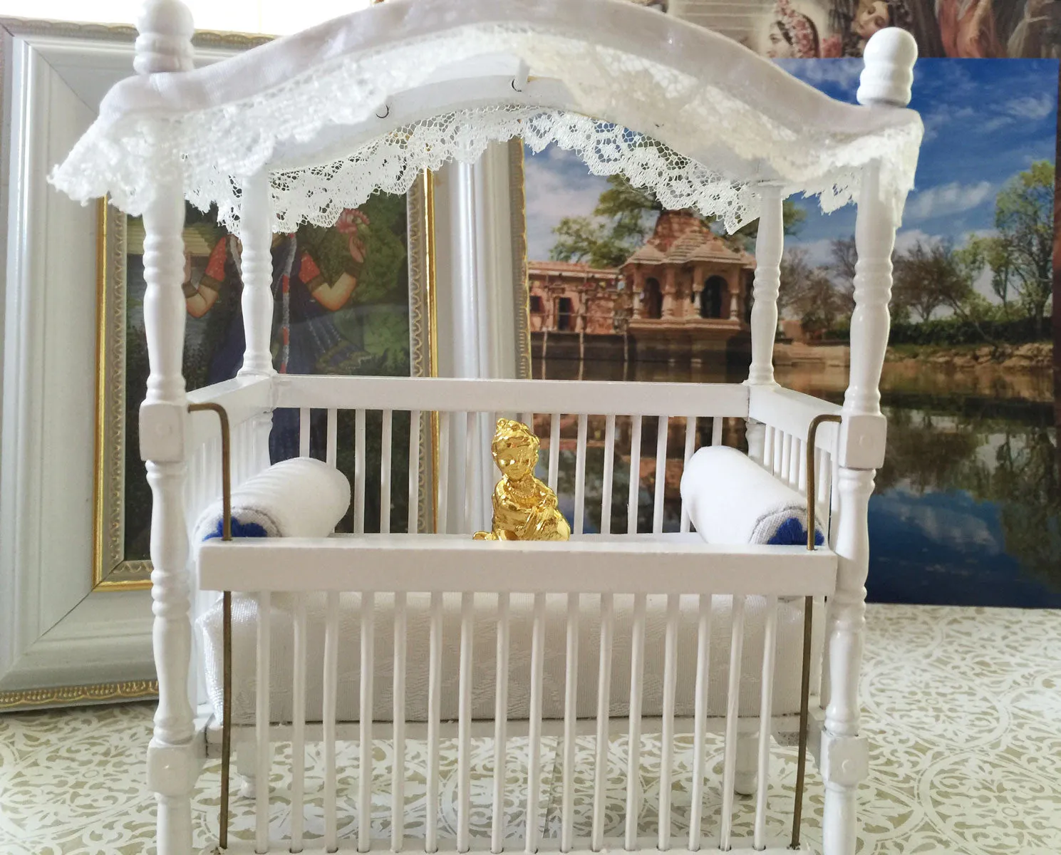 White Wooden Canopy Ladhu Gopal Bed